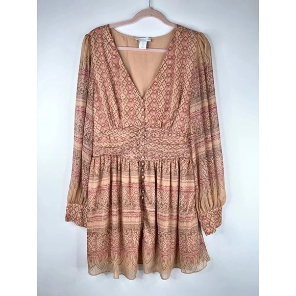House of Harlow Shona Joy Dress Long Sleeve Mini Pink Printed Gold Thread Large - Picture 1 of 14